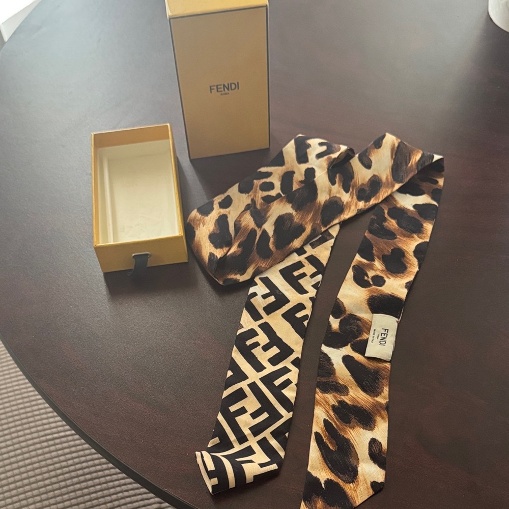 Fendi Leopard Print Silk Twilly Scarf in Brown and Black